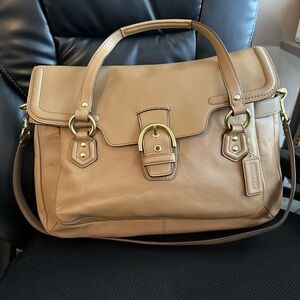 Coach Leather Eva Flap Satchel Camel with Gold Accents